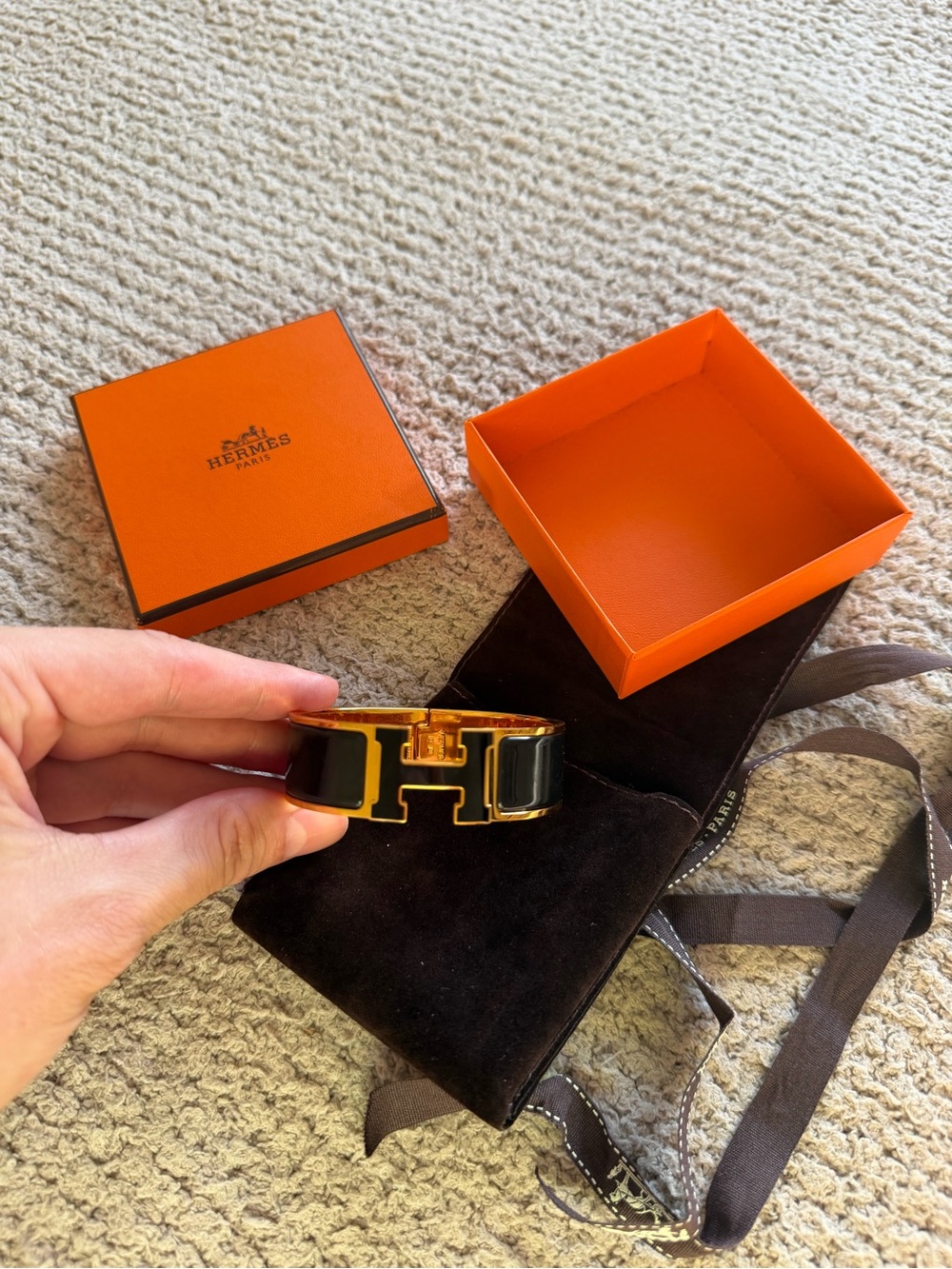 Hermes Black Enamel Bracelet with Gold H Accent